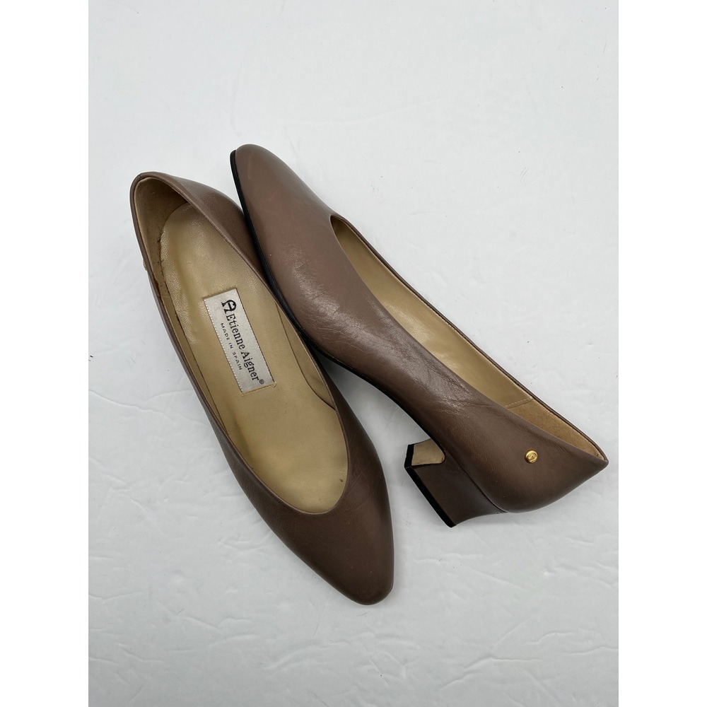 Etienne Aigner Madrid Taupe Brown Leather Block Heel Pumps Spain